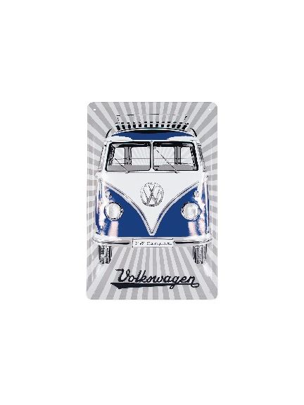 Cartel de metal VW T1 Bus Samba Stripes, azul