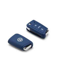 Coque Silicone Pour Clé Volkswagen 3 Boutons - Bleu Foncé, Logo VW Gravé - Compatible Golf 8 Et Autres Modèles
